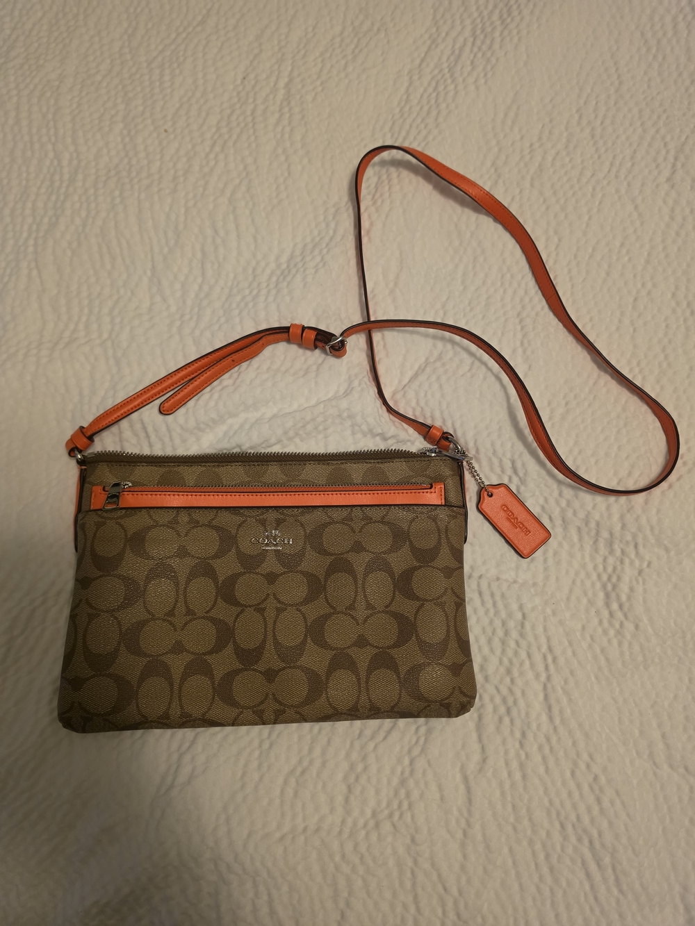 Coach Signature Crossbody Bag in Brown with Orange Trim